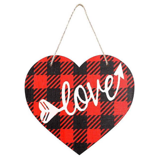 CYNOSA Valentine's Day Door Decorations Heart Love Hanging Sign Printed Wooden Red and Black Bufflo Plaid Wooden Door Hanger Wreath Farmhouse Outdoor Wall Decor for Holiday Party Supplies Favors