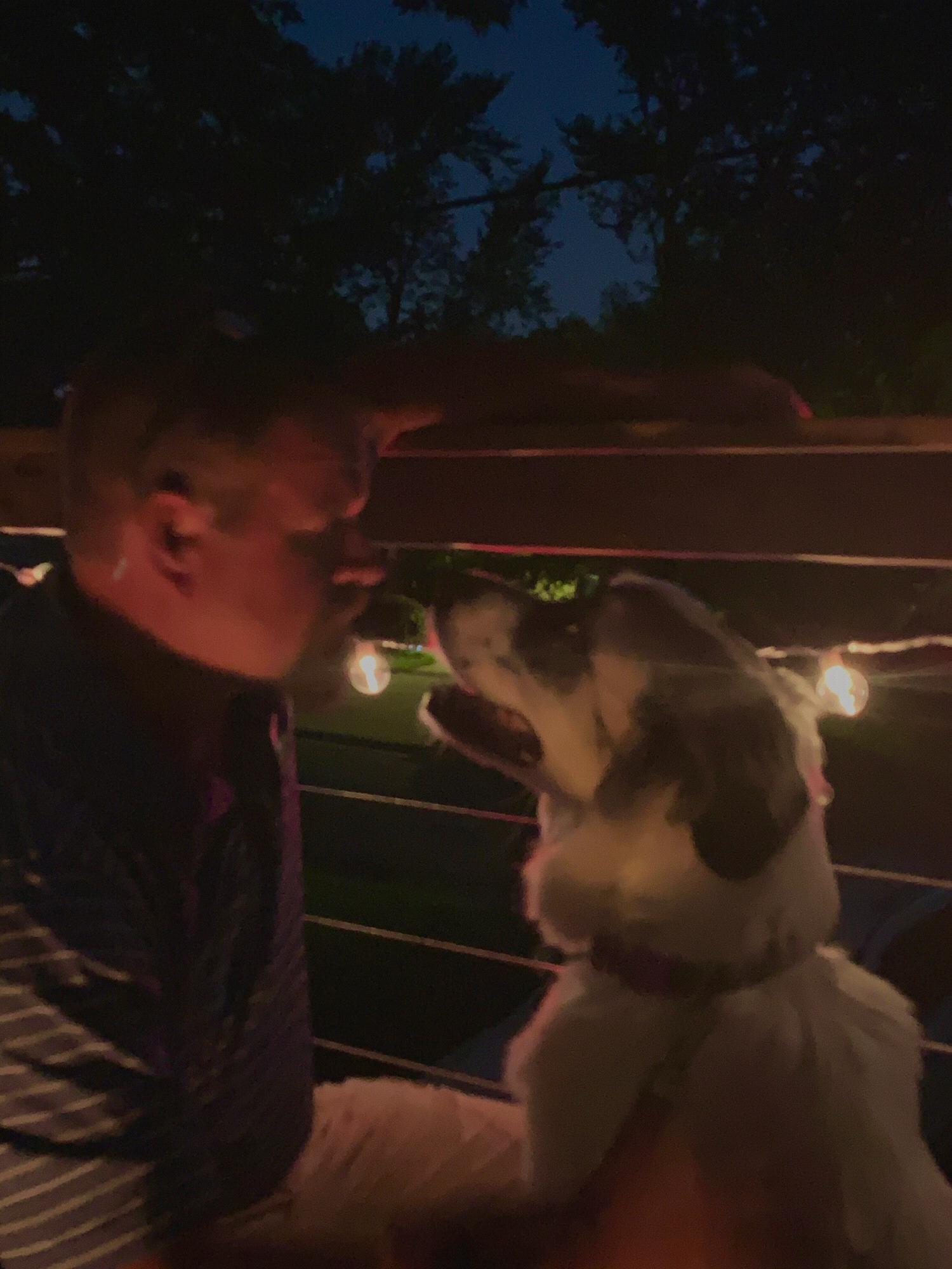 Mike with our youngest fur baby. Our daughter Luna. This was taken on July 4th. She was nervous because of fireworks. Her daddy was re-assuring her she was safe with him.