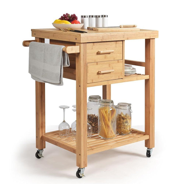 SILKYDRY Kitchen Island, Rolling Butcher Block Kitchen Cart on Wheels, Bamboo Kitchen Trolley with Drawers, Shelves, Towel Rack, Small Kitchen Island Cart for Dining Room