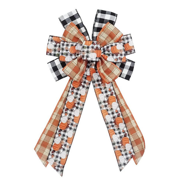 Large Fall Bows for Wreaths, Thanksgiving Pumpkins Wreath Bows - White, Black Buffalo Plaid, Orange Burlap - Autumn Tree Toppers for Front Door, Wall, Party Decoration Supplies