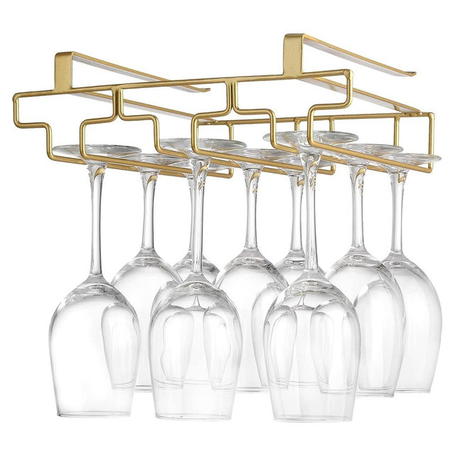 Wine Glass Rack Under Cabinet, Drilling Free No Screw Steamware Holder Under Shelf Metal Wine Glasses Holders 304 Stainless Steel Hanger Storage Organizer Hanging Glass Fit for Bar Kitchen 3 Rows Gold