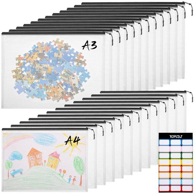 24pcs A4 Mesh Zipper Pouch File Bags, 12pcs Large A3 and 12pcs Letter A4,Black Reusable Zipper Bags for Organizing Storage, Waterproof Puzzle Bag, Board Game Storage and School Office Supplies