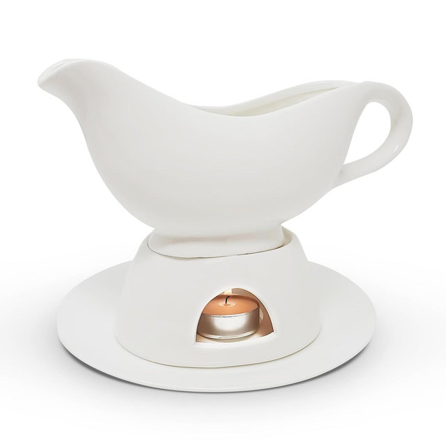 KOVOT 12 Ounce Gravy Boat, Warming Stand & Tray | Ceramic White Gravy Dish With Tealight Warming Option