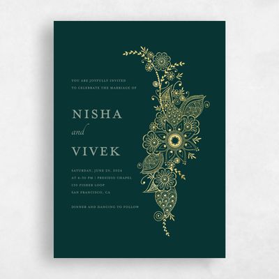 Dark Emerald, Green Wedding Invitation - Sambac Portrait Foil