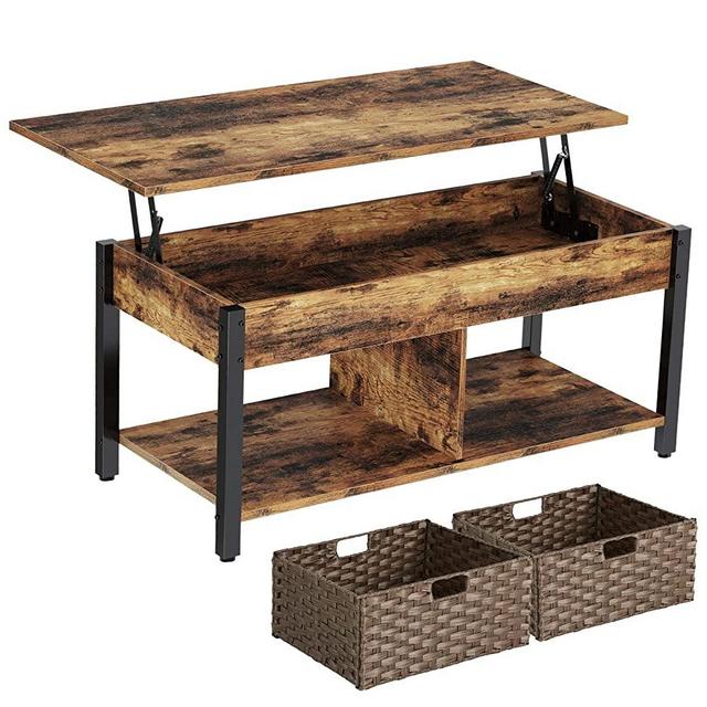 Rolanstar Coffee Table, Lift Top Coffee Table with Storage Shelves and Hidden Compartment, Retro Central Table with Wooden Lift Tabletop and Metal Frame, for Living Room, Rustic Brown