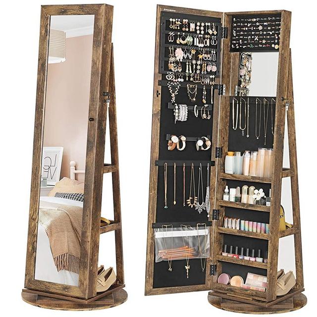 SONGMICS 360° Swivel Jewelry Cabinet, High Full Length Mirror, Lockable Jewelry Armoire, with Built-in Small Mirror, Rear Storage Shelves, Rustic Brown UJJC062K01