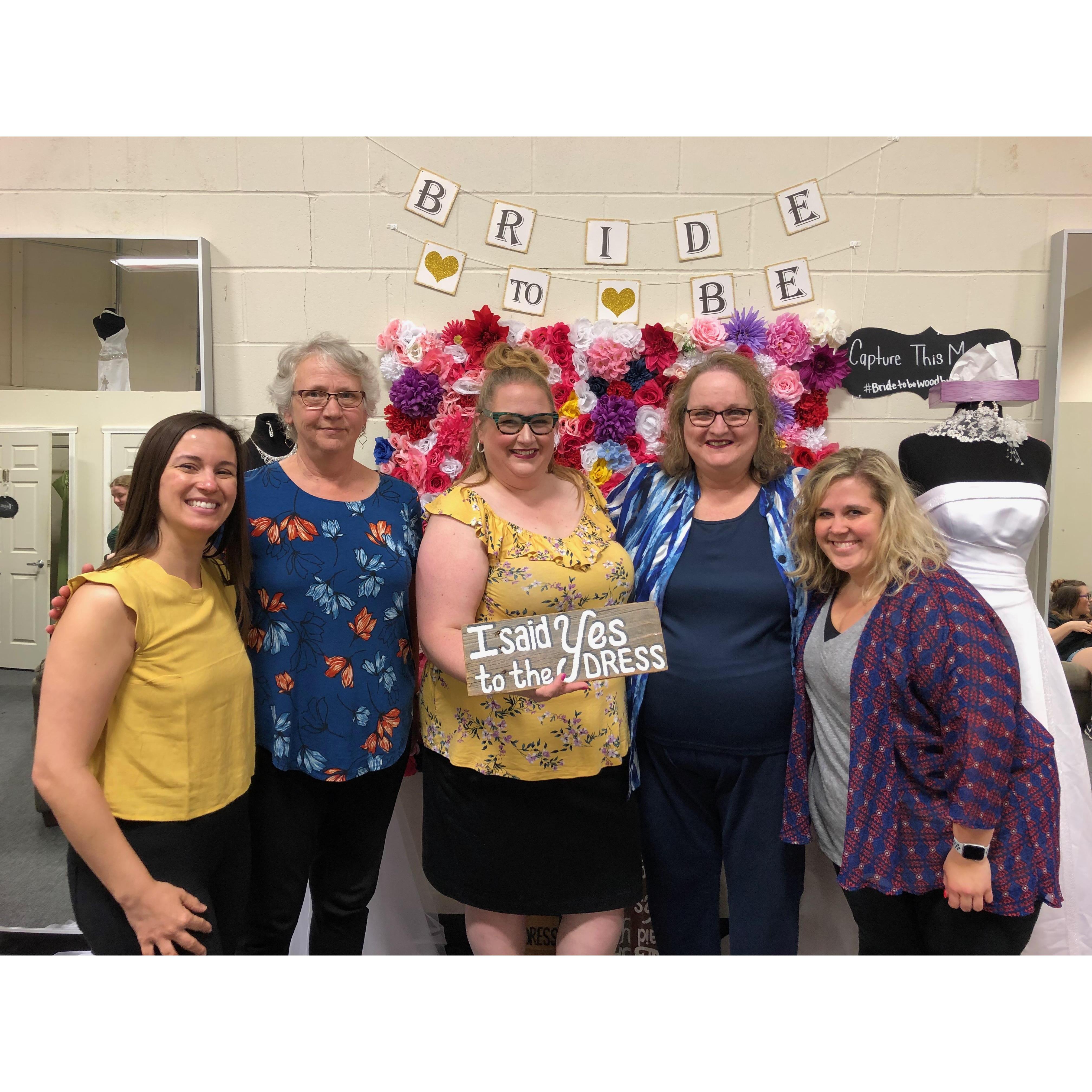 Dress shopping with Laura ( my mom), Janet ( David's mom), Joylanna ( my Maid of Honor), Vanessa ( one of my bridesmaids) and the beautiful bride Rebecca