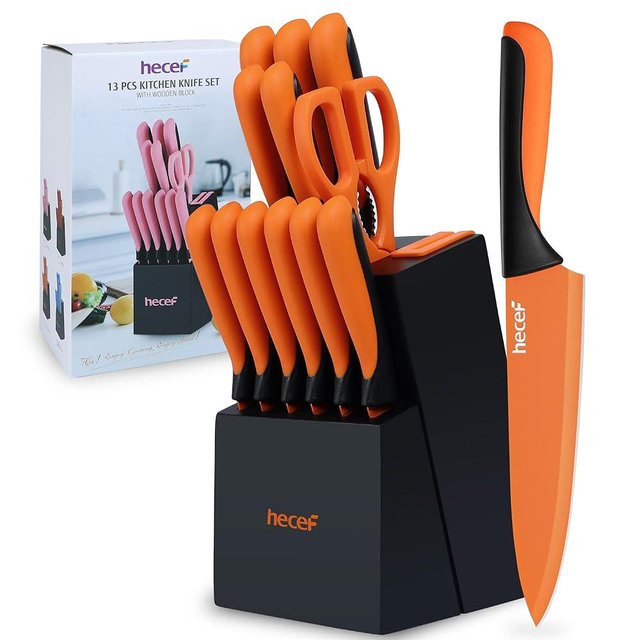 hecef 14 Pieces Kitchen Knife Set with Built-in Sharpening Wooden Block, Dishwasher Safe, High Carbon Stainless Steel Knife Block Set with Steak Knives, Kitchen Scissors (Orange)