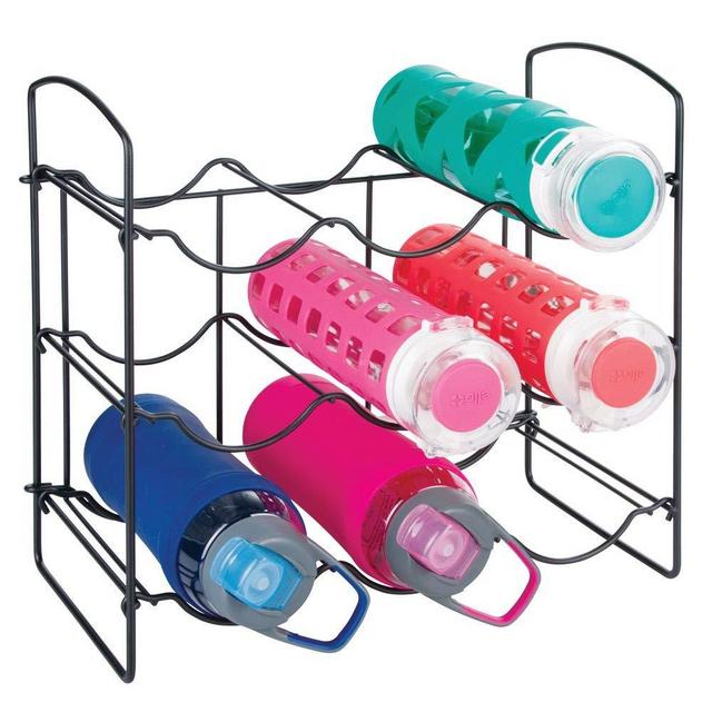 mDesign Metal Free-Standing Water Bottle and Wine Rack Storage Organizer for Kitchen Countertops, Pantry, Fridge - 3 Levels, Holds 9 Bottles - Matte Black