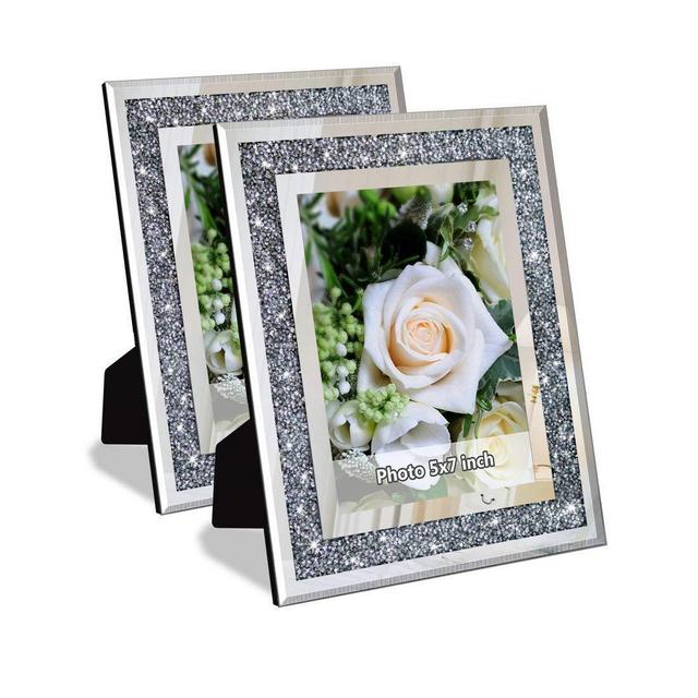 Crush Diamond Mirror Photo Frame In Bling Sparkle Crystal Silver Glass Finish, For Picture Size 5x7 inch, Pack of 2 Piece, table top Stand frame Wall Frame.