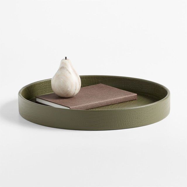 Stratton Small Round Green Crocodile Leather Decorative Tray 16"