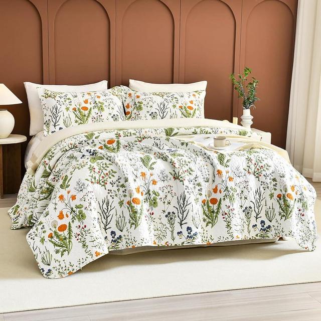 Lady Ann Oversized King Quilt Bedspreads 120x120-100% Cotton Floral California King Size Quilt Bedding Set Yellow Flowers & Leaves Pattern Plant Botanical Printed Quilted Coverlet Set, 3 Pcs