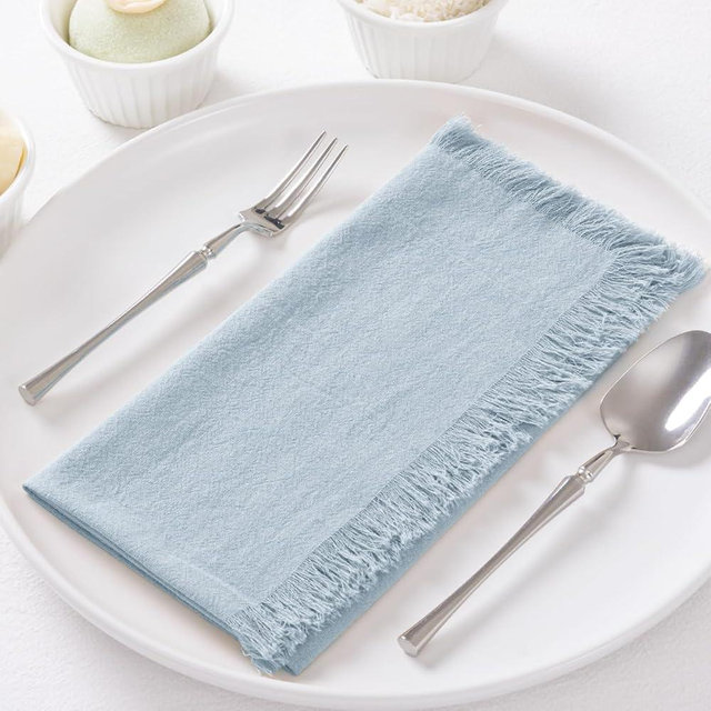 DeZerlor 12 Pack Gray Blue Cotton Linen Napkins with Fringe Fall Napkins Cloth Set of 12 Boho Thanksgiving Napkins Handmade Dinner Napkins Bulk for Wedding Fall Dining Table, 17 x 17 Inches