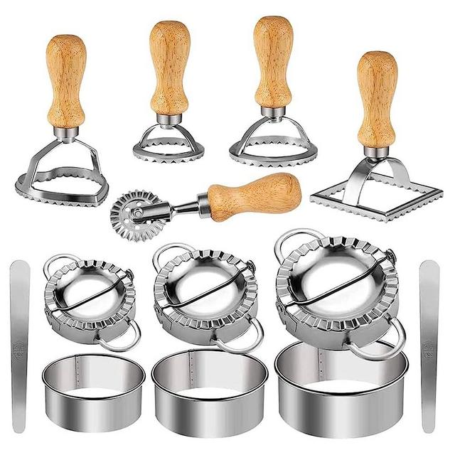 Stainless Steel Dumplings Maker Set Ravioli Maker Cutter Stamp Set with Wooden Handle Dumpling Cutter Tools Stuffing Spoon Dumpling Mold Set For Pasta, Lasagna, Pierogi (13PCS)