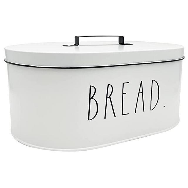 Rae Dunn Bread Box - Bread Box for Kitchen Countertop - 13.5" x 5.5" x 8.5" - Rustic White Metal Vintage Farmhouse Breadbox - Counter Storage Container for Fresh Homemade Loaf, Bagels, Cookies