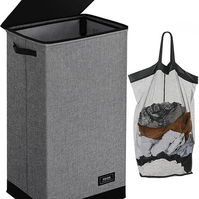 SOLEDI Laundry Hamper with Lid 100L Large & Tall Collapsible Laundry Basket, Clothes Hamper with Bag Removable Easy to Carry, Dirty Hampers for Bedroom, Bathroom, Dorm, College, Grey