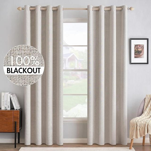 MIULEE 100% Blackout Linen Textured Curtains for Bedroom Solid Thermal Insulated Ivory Grommet Room Darkening Curtains & Drapes Luxury Decor for Living Room Nursery 52 x 90 Inch (2 Panels)