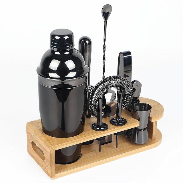 Cocktail Shaker Set, 10-Pieces Bartender Kit with Bamboo Stand, Professional Bar Drink Tool Set with All Essential Accessories for Mixing Drink, Gift for Men&Dad(Black)
