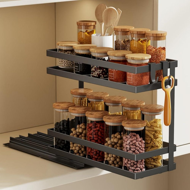 Magheo Pull Out Spice Rack Organizer for Cabinet, 1 Pack Metal Seasoning Organizer Slide Out Spice Storage Shelf No Assembly Vertical Spice Rack Pullout for Kitchen & Bahthroom No Drill(2 Tier,Black)