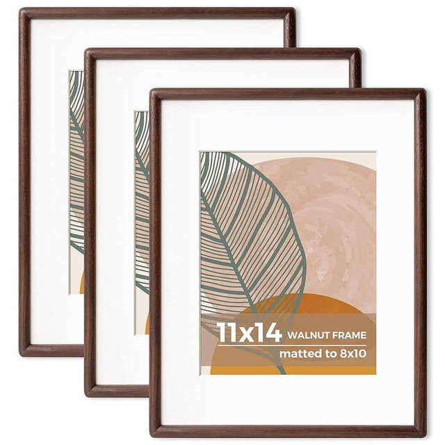 Axeman 11 x 14 Picture Frame Set of 3 - Solid Walnut Frame 11x14 Matted to 8x10 - Rounded Corner 11 by 14 Photo Frame with Tempered Glass - Walnut Wood Picture Frame for Wall Mount Display