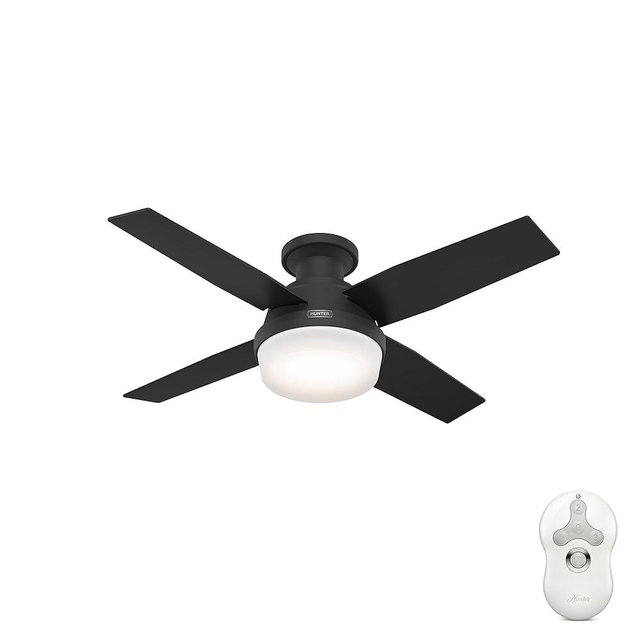 Hunter 44 inch Indoor Ceiling Fan with LED Light and Remote Control - Black Modern Ceiling Fan, Low Profile Mount, 4 Blades, For Bedroom, Living Room, or Kitchen, Quiet - Dempsey 52390, Matte Black