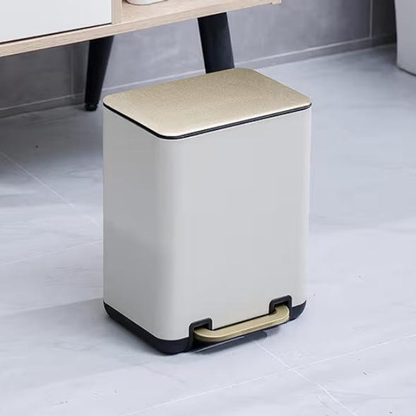 SunnyPoint 6 Liter(1.58 Gallon) Small Trash Can with Plastic Inner Buckets; Rectangle Bathroom, Office, Kitchen, and Bedroom Step On and Slow Close (WHT+Gold)