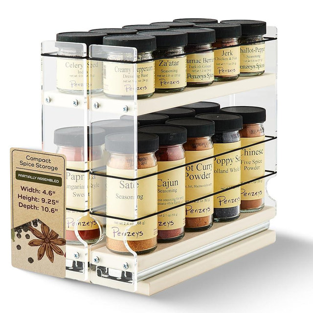 Vertical Spice - Narrow Pullout Spice Rack - Sliding Drawer for Kitchen Organization - Pantry Organizers and Storage - 2 Drawers & 2 Tiers - 10 Spice Jar Capacity (4.6" W x 9.25" H x 10.6" D, Cream)