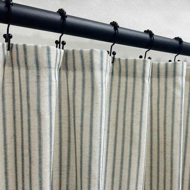 CasaTena Farmhouse Striped Shower Curtain - 72x84 Inches, Linen Blend Fabric, Breathable & Machine Washable, Rustic Dusty Blue for Bathroom Decor (Hooks/Liner Not Included)