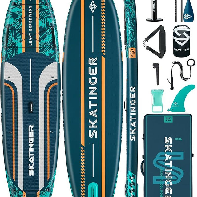 Skatinger 11'6×35" Super Wide Inflatable Paddle Board, Ultra Stable Stand Up Paddleboards for 450lb/3 People/Family/Big Size, Shoulder Strap, 5 Handles, 100L Backpack, All-Round Sup Board, US Fin