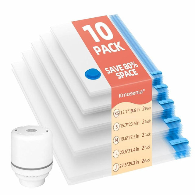 KMOSENIA Travel Vacuum Bags with Pump, 10 Pack Portable Travel Vacuum Bag Set, Carry-On Size Space Saver Compression Bags for Travel & Home, Luggage, Suitcase, Clothes, Clothing, Blankets