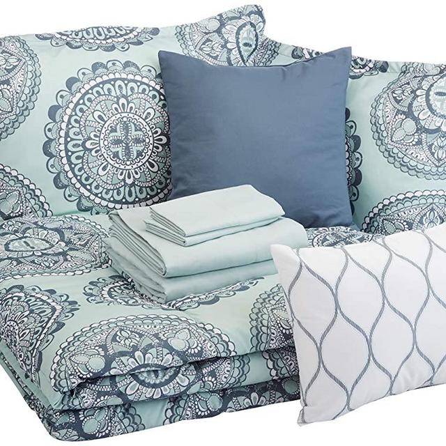 AmazonBasics 10-Piece Comforter Bedding Set, King, Sea Foam Medallion, Microfiber, Ultra-Soft