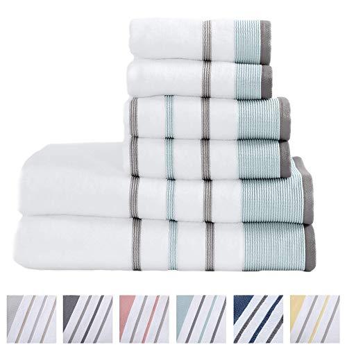 Great Bay Home 100% Turkish Cotton Striped Bath Towels, Luxury 6 Piece Set - 2 Bath Towels, 2 Hand Towels and 2 Washcloths. Highly Absorbent Quick-Dry Towels (6 Piece Set, Eucalyptus/Grey)