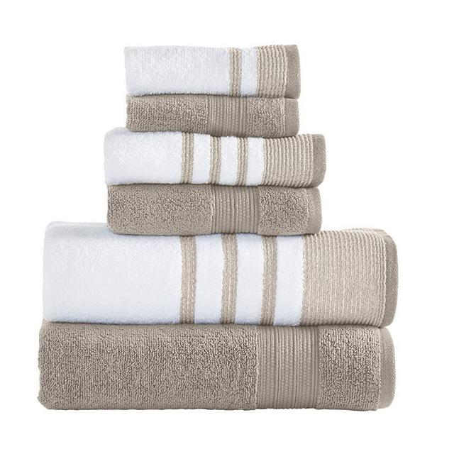 Modern Threads 6 Piece Set, 2 Bath Towels, 2 Hand Towels, 2 Washcloths, Quick Dry White/Contrast Reinhart Tan