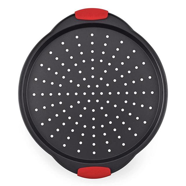 Non-Stick Pizza Tray - with Silicone Handle, Round Steel Non-stick Pan with Perforated Holes, Premium Bakeware, Pizza Tray with Silicone and Oversized Handle, Dishwasher Safe - NCBPIZ1