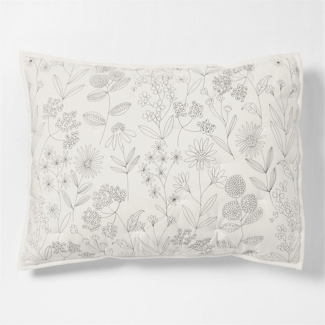 Floral Organic Cotton Line Art Pampas Ivory and Storm Grey Standard Bed Pillow Sham