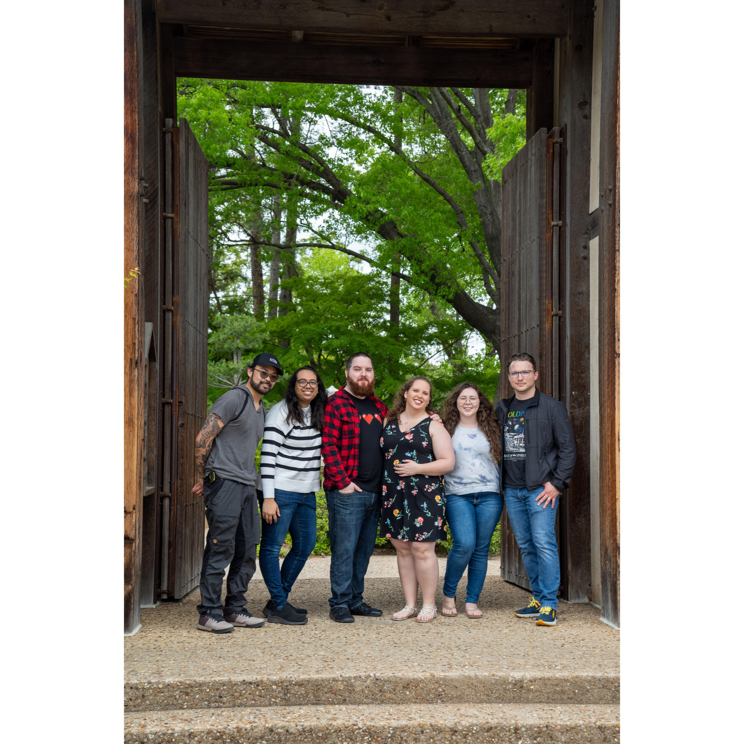 Engagement photos! Meet our support crew who came along, from left to right: Clark Navidad (Photographer A), Shreya Bhakta (backpack person), Josh Picarazzi (groom), Alicia Clark (bride), Ali Revell (bridesmaid), Ben Revell (bouncer), and Catie Navidad (Photographer B) taking the photo!
Fort Worth Botanical Gardens, April 2024