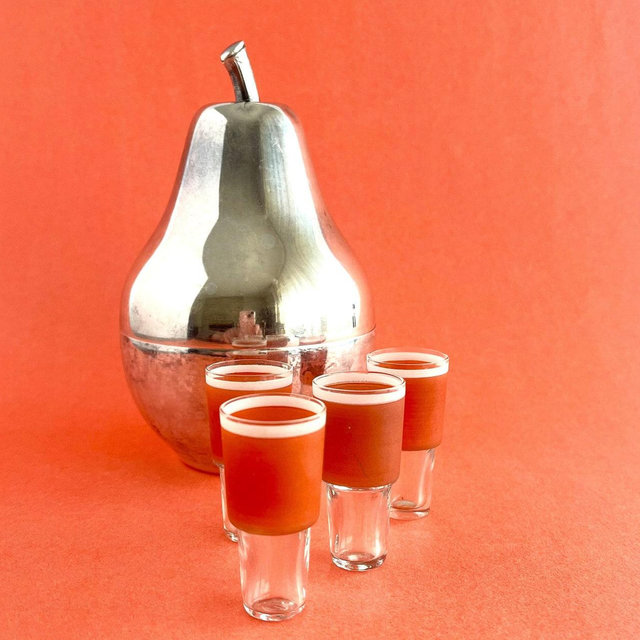 SILVER MINI BAR, Pear Liquor Holder, Whiskey Shot Glass Holder, Tiny Schnapps Glasses, Silverplate Fruits, Novelty Cocktails, Bartender Gift