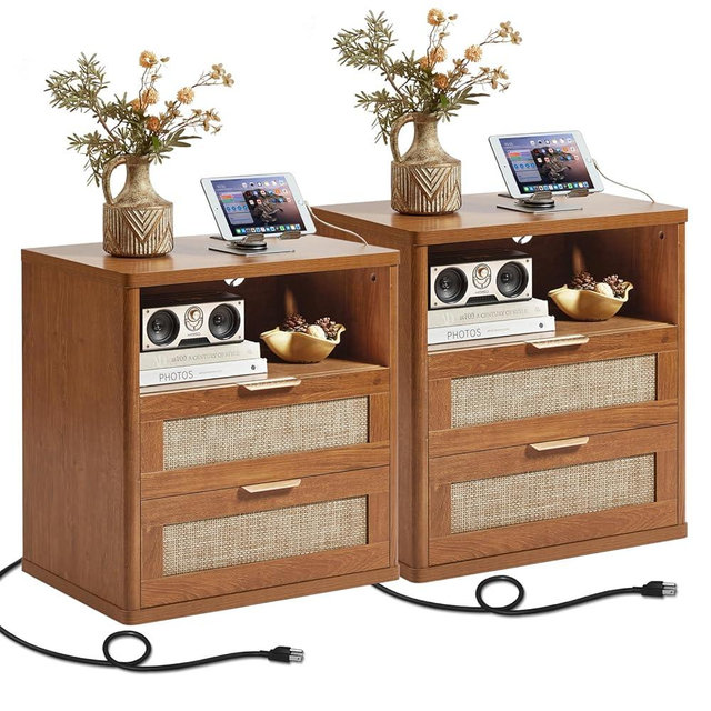 LEYAOYAO Rattan Nightstands Set of 2 with Charger Station, 23" Wide Boho Night Stand with 2 Drawers, Natural Wood Bedside Table Open Shlef, Bed Side End Table Dresser for Bedroom, Living Room Hallway