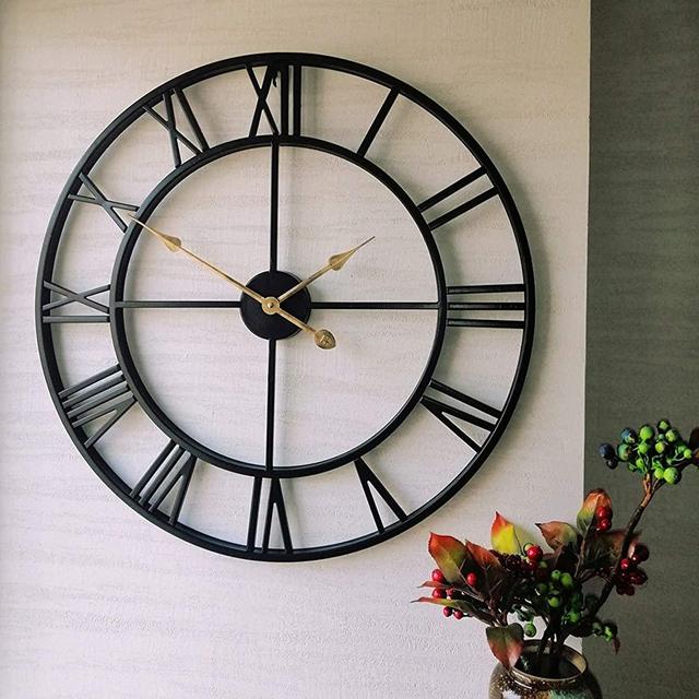 Evursua 24 inch Large Home Decor Wall Clock for Living Room Non Ticking Iron Art Clocks Roman Numeral,Retro Distressed Metal,Oversized (Black, 24 Inch-Thicker Frame)