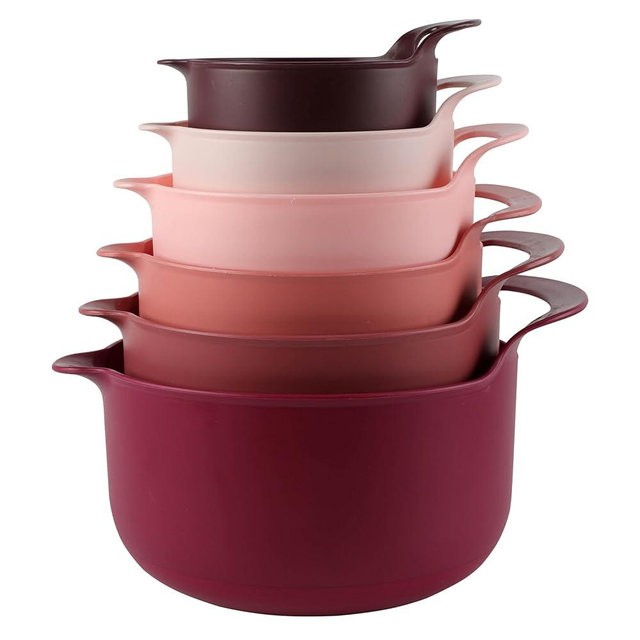 COOK WITH COLOR Nesting Plastic Mixing Bowl Set with Pour Spouts and Handles, Rose, 6 Piece Non-Slip