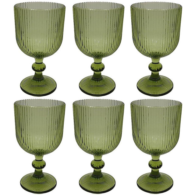 Taganov Green Water Goblets set of 6 Colored Wine Glasses 13oz Vintage Glassware Drinking for Wedding Party Bar Vertical Line Embossed Pattern Stemmed Cups 400ml