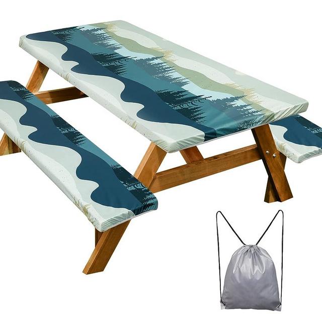 Picnic Table Cover with Bench Covers 3 Pcs Waterproof Windproof Camping Tablecloth with Drawstring Bag, Fitted Rectangle Tables and Seats, 72in, Green Blue