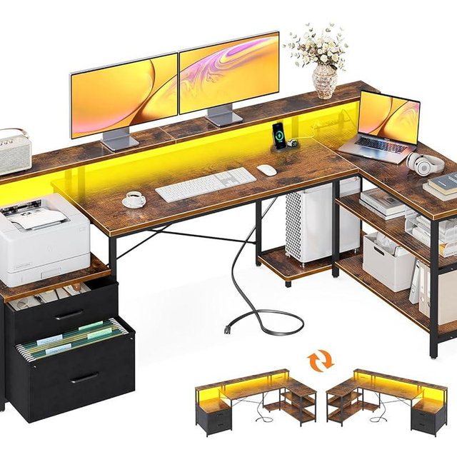 ODK L Shaped Desk with File Drawer, 75" Reversible L Shaped Computer Desk with Power Outlet & LED Strip, Office Desk with Storage Shelves, Gaming Desk with Monitor Shelf, Corner Desk, Vintage