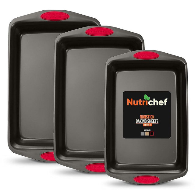 NutriChef 3-Piece Baking Pan Set - Premium Nonstick Carbon Steel Bakeware w/ Silicone Handles - Includes Large, Medium, & Small Pans for Baking & Roasting - PFOA, PFOS, PTFE Free - Black
