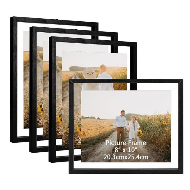 WIFTREY 8x10 Floating Picture Frames Set of 4, Black Rustic Picture Frame 8 by 10 for Wall Hanging, Double Glass Family Photo Frame Display Multi Size, 4x6, 5x7, 8x10,10x12