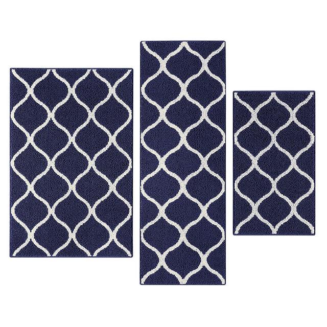 Maples Rugs Kitchen Rug Set - Rebecca [3pc Set] Non Kid Accent Throw Rugs Runner [Made in USA] for Entryway and Bedroom, Navy Blue/White