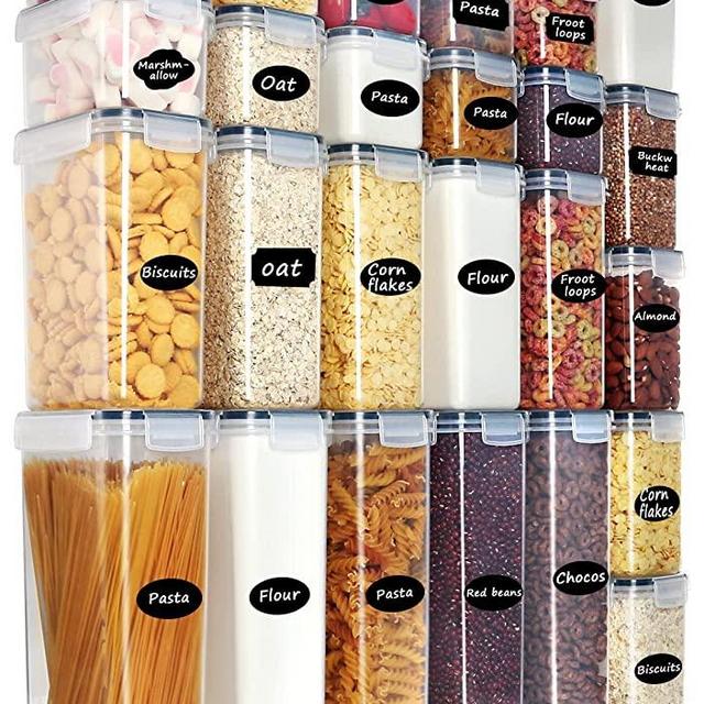 25 Pack Airtight Food Storage Container Set - BPA Free Clear Plastic Kitchen and Pantry Organization Canisters with Durable Lids for Cereal, Dry Food Flour & Sugar - Labels, Marker & Spoon Set