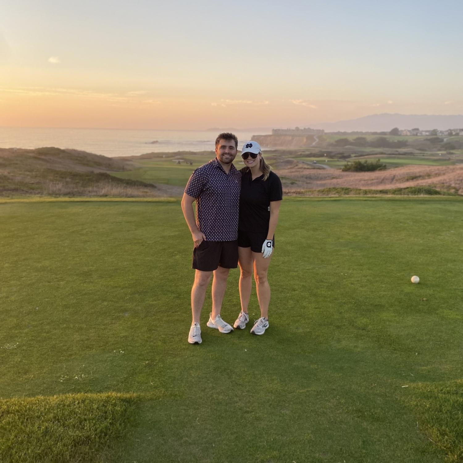 Golfing at Half Moon Bay during sunset.