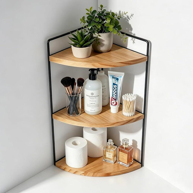 Corner Bathroom Countertop Organizer, 3-Tier Corner Shelf for Vanity & Bathroom Counter, Rustic Wood Standing Rack for Cosmetics & Skincare, Space Saving Storage for Toiletries, Sturdy Metal, Natural