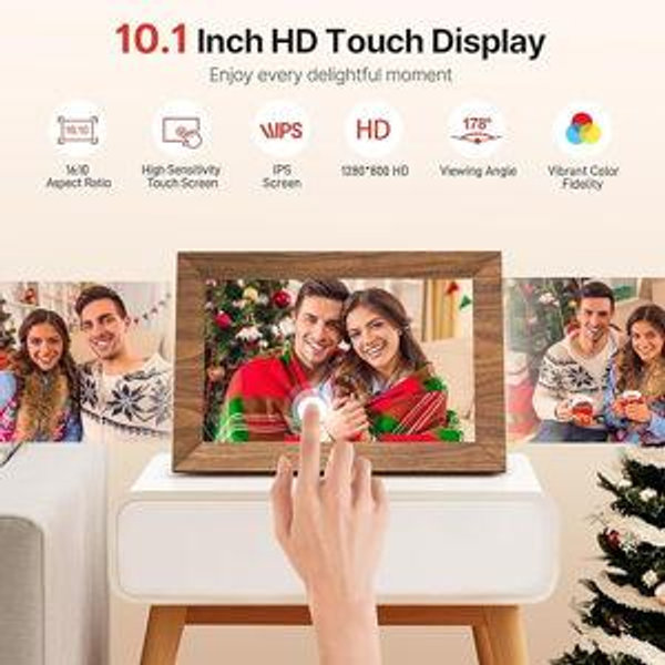 Uhale Digital Picture Frame 32GB Storage 10.1 Inch Wood WiFi Electronic Photo Frames SD Card Slot IPS Touch Screen HD Display Auto Rotate Slideshow Share Videos Photos Instantly Send Wishes Remotely